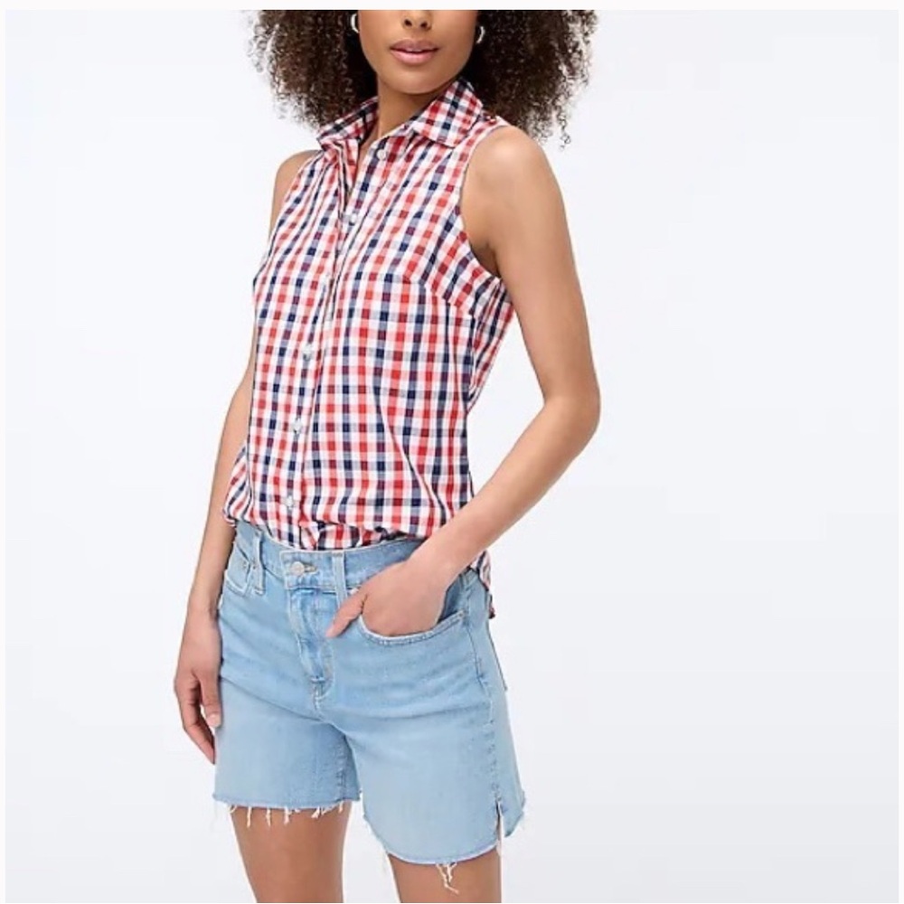 J. Crew Red and White Sleeveless Fitted Button Down Shirt